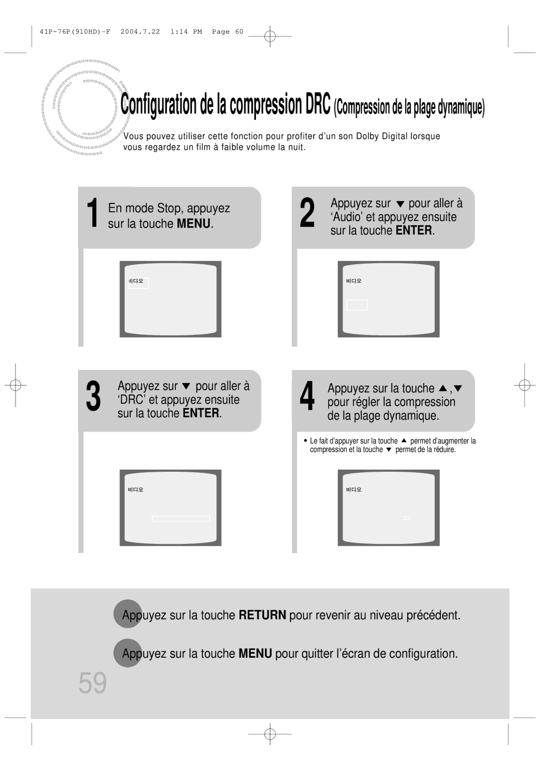 Samsung HT-910HDRH/EDC manual Mode Stop, appuyez, Sur la touche Menu Sur la touche Enter, ‘Audio’ et appuyez ensuite 