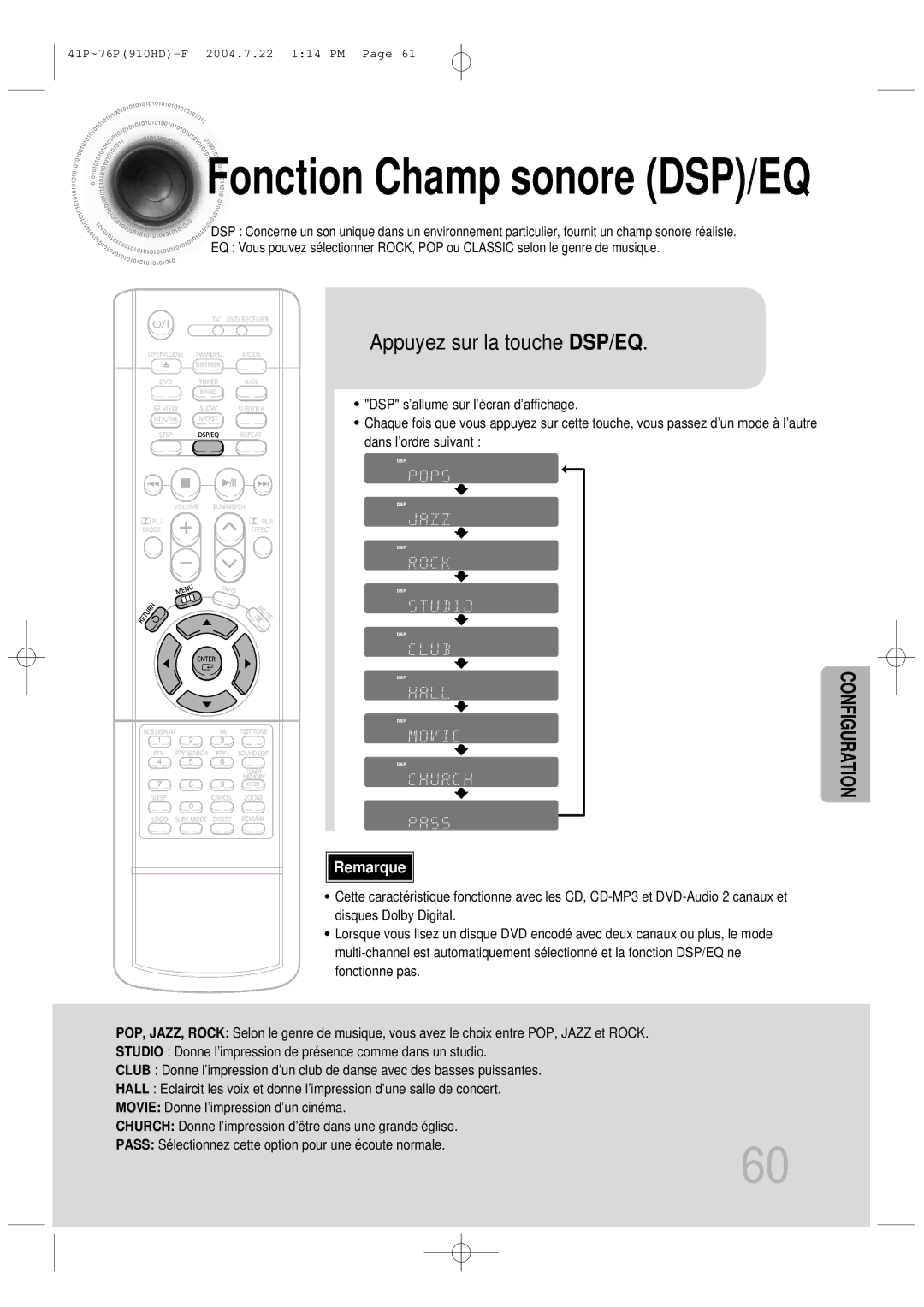 Samsung HT-910HDRH/EDC manual Fonction Champ sonore DSP/EQ, Appuyez sur la touche DSP/EQ 