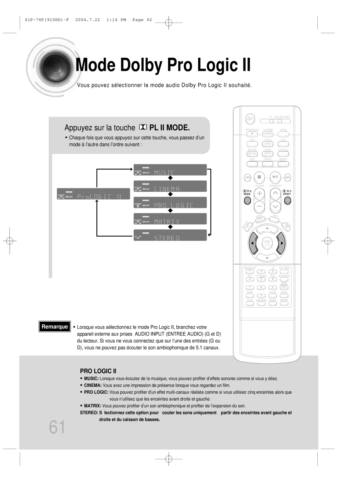 Samsung HT-910HDRH/EDC manual Mode Dolby Pro Logic, Appuyez sur la touche PL II Mode 