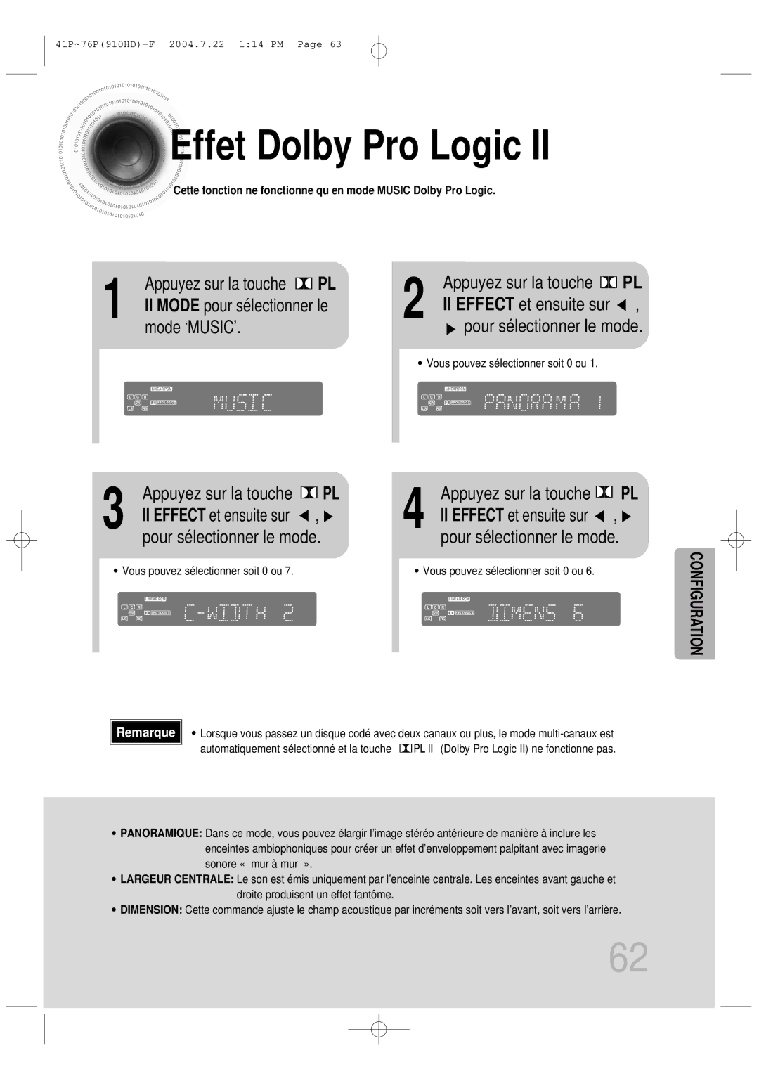 Samsung HT-910HDRH/EDC manual Effet Dolby Pro Logic, Mode ‘MUSIC’, Appuyez sur la touche PL 