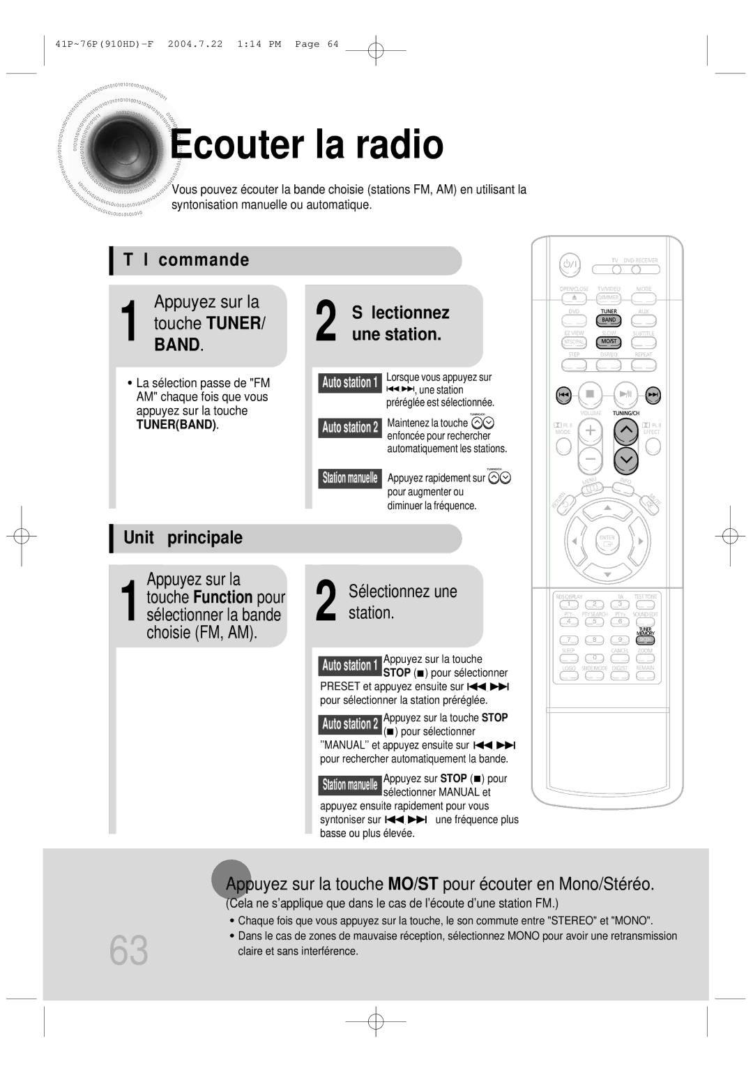 Samsung HT-910HDRH/EDC manual Ecouter la radio, Té lé commande, Sé lectionnez, Une station, Unité principale 