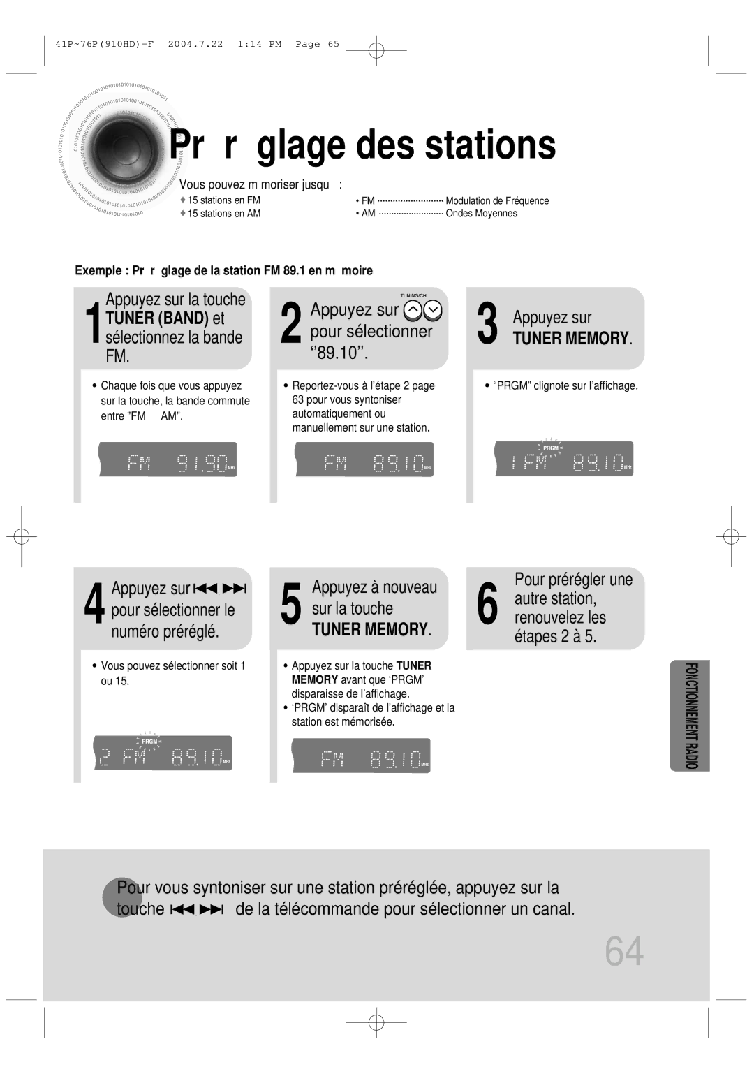 Samsung HT-910HDRH/EDC manual Préréglage des stations, 1TUNER Band et sélectionnez la bande FM, Pour prérégler une 