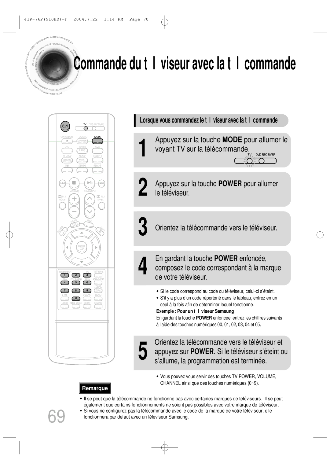 Samsung HT-910HDRH/EDC De votre téléviseur, En gardant la touche Power enfoncée, ’allume, la programmation est terminée 