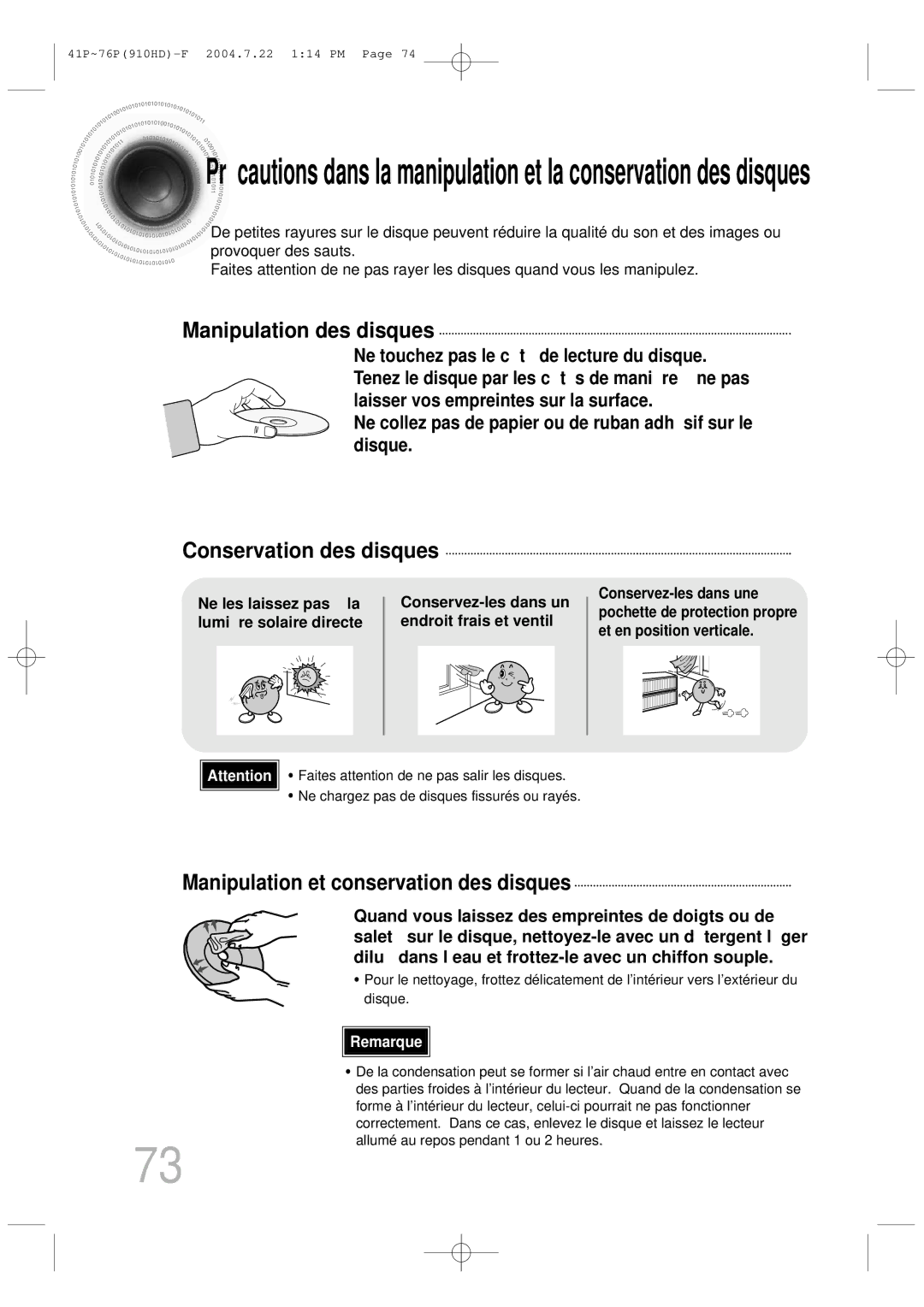 Samsung HT-910HDRH/EDC manual Manipulation des disques, Conservation des disques, Manipulation et conservation des disques 