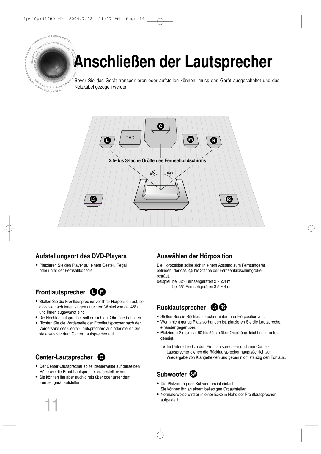 Samsung HT-910HDRH/EDC Aufstellungsort des DVD-Players Auswä hlen der Hö rposition, Frontlautsprecher L R, Subwoofer SW 