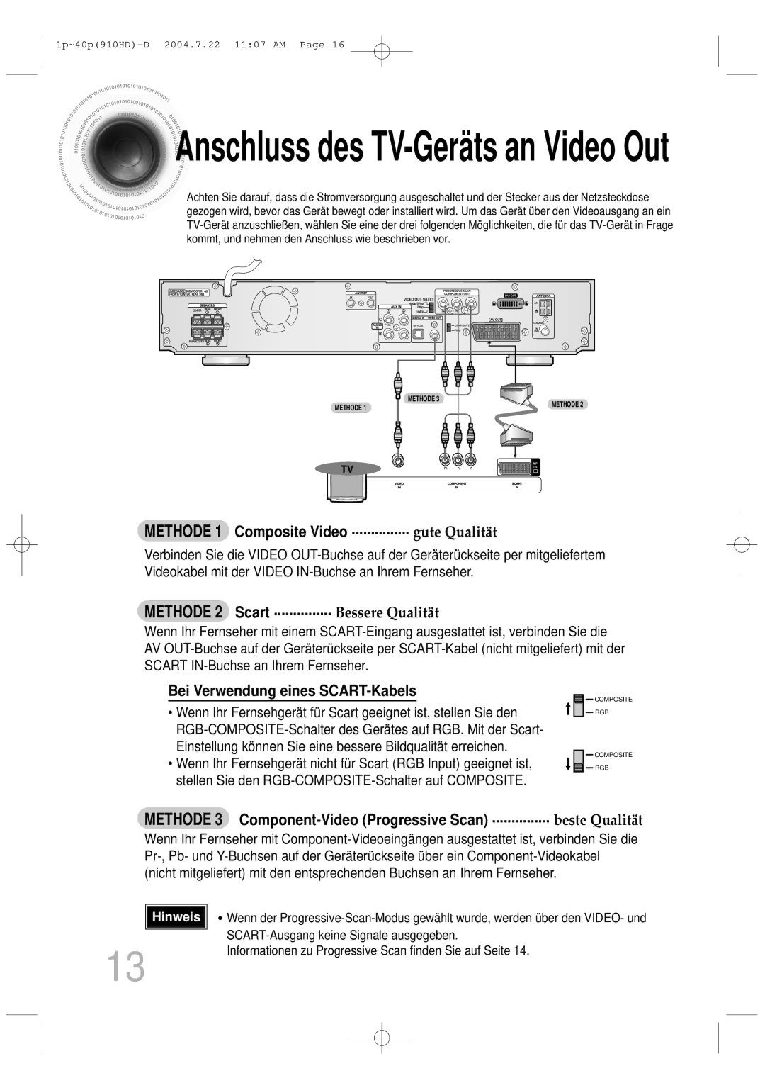 Samsung HT-910HDRH/EDC manual Methode 1 Composite Video ............... gute Qualität, Bei Verwendung eines SCART-Kabels 