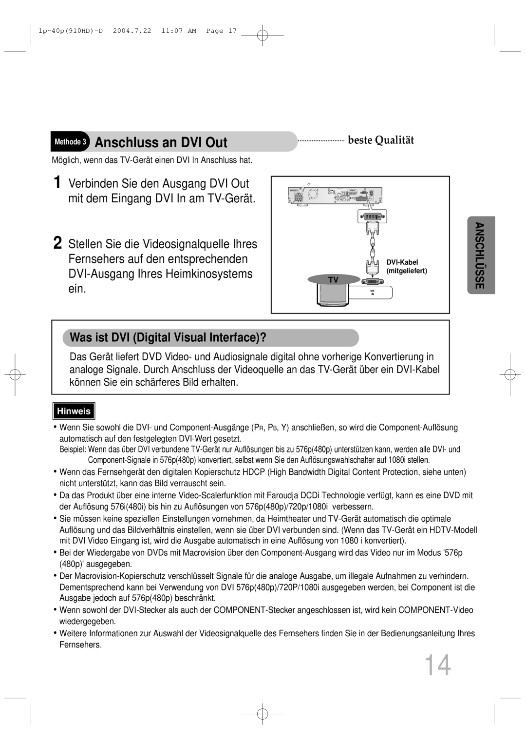 Samsung HT-910HDRH/EDC manual Methode 3 Anschluss an DVI Out, Was ist DVI Digital Visual Interface? 