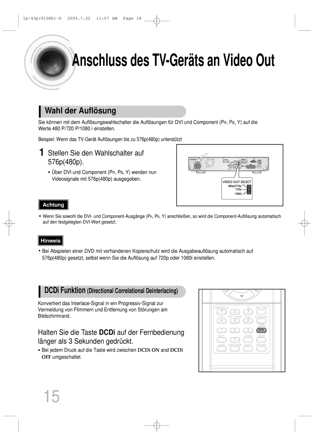 Samsung HT-910HDRH/EDC manual Wahl der Auflö sung, Stellen Sie den Wahlschalter auf 576p480p 