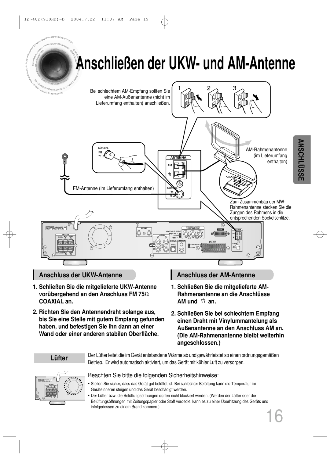 Samsung HT-910HDRH/EDC manual Anschluss der UKW-Antenne Anschluss der AM-Antenne, Lü fter 