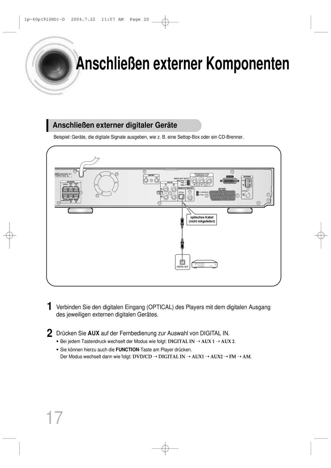 Samsung HT-910HDRH/EDC manual Anschließen externer Komponenten, Anschließen externer digitaler Gerä te 