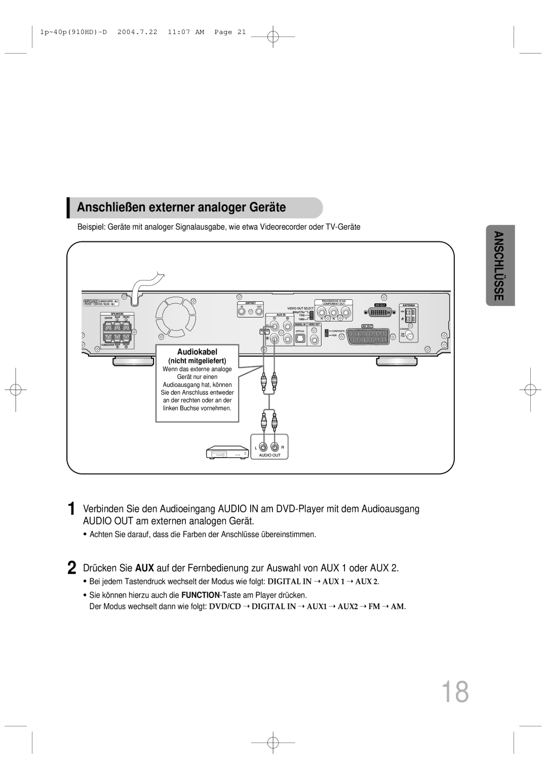 Samsung HT-910HDRH/EDC manual Anschließen externer analoger Gerä te, Audiokabel 