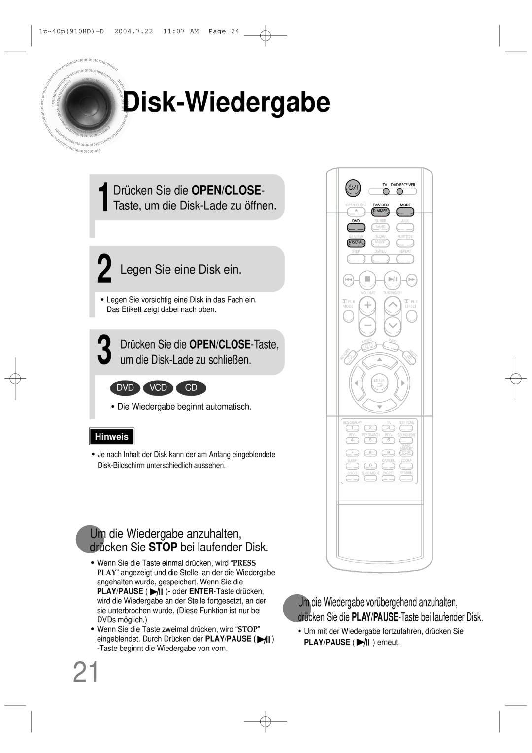 Samsung HT-910HDRH/EDC manual Disk -Wiedergabe, Legen Sie eine Disk ein, Disk-Bildschirm unterschiedlich aussehen 