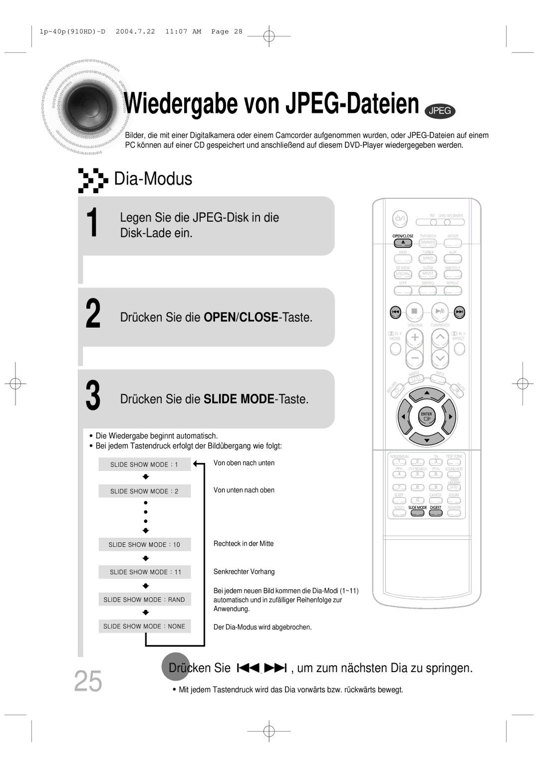 Samsung HT-910HDRH/EDC manual Dia-Modus, Um zum nächsten Dia zu springen, Starts automatically 