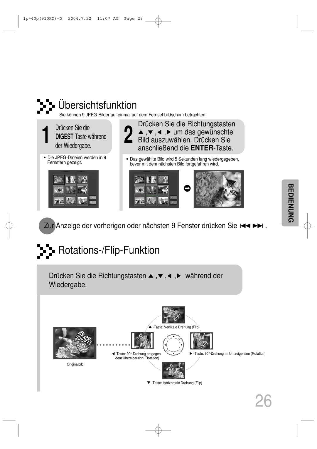 Samsung HT-910HDRH/EDC manual Bersichtsfunktion, Rotations-/Flip-Funktion, Drücken Sie die Richtungstasten 