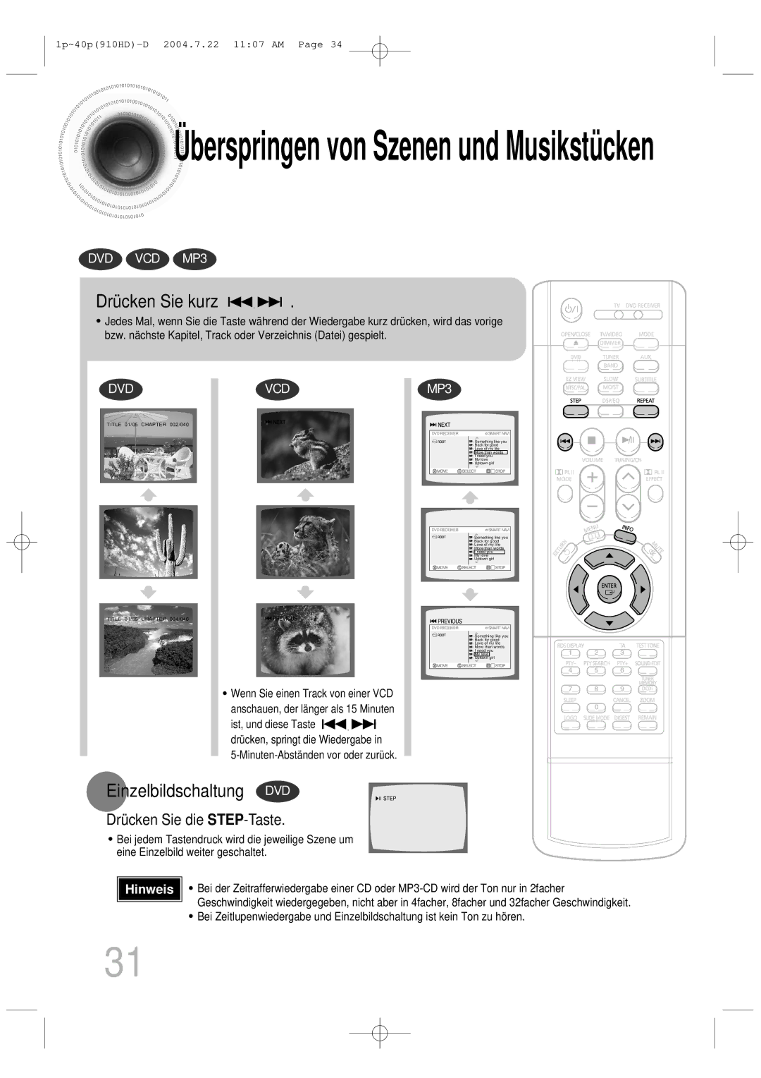 Samsung HT-910HDRH/EDC manual Drücken Sie kurz, Einzelbildschaltung DVD, Minuten-Abständen vor oder zurück 