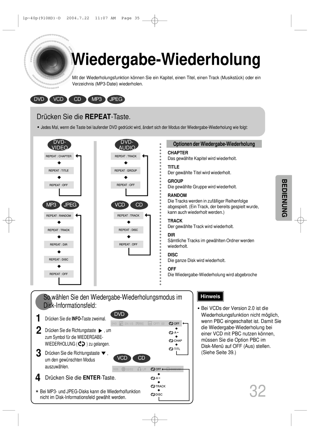 Samsung HT-910HDRH/EDC manual Wiedergabe -Wiederholung, Drücken Sie die REPEAT-Taste, Optionen der Wiedergabe-Wiederholung 