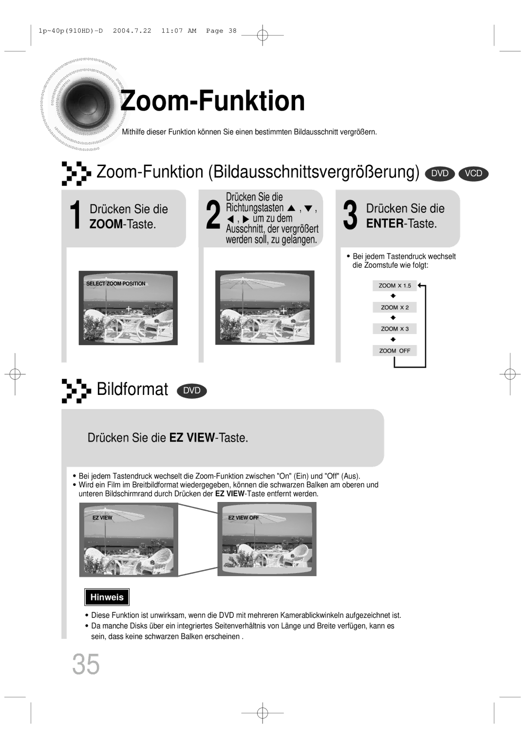 Samsung HT-910HDRH/EDC Zoom -Funktion, Zoom-Funktion Bildausschnittsvergröß erung DVD VCD, Bildformat DVD, Drücken Sie die 