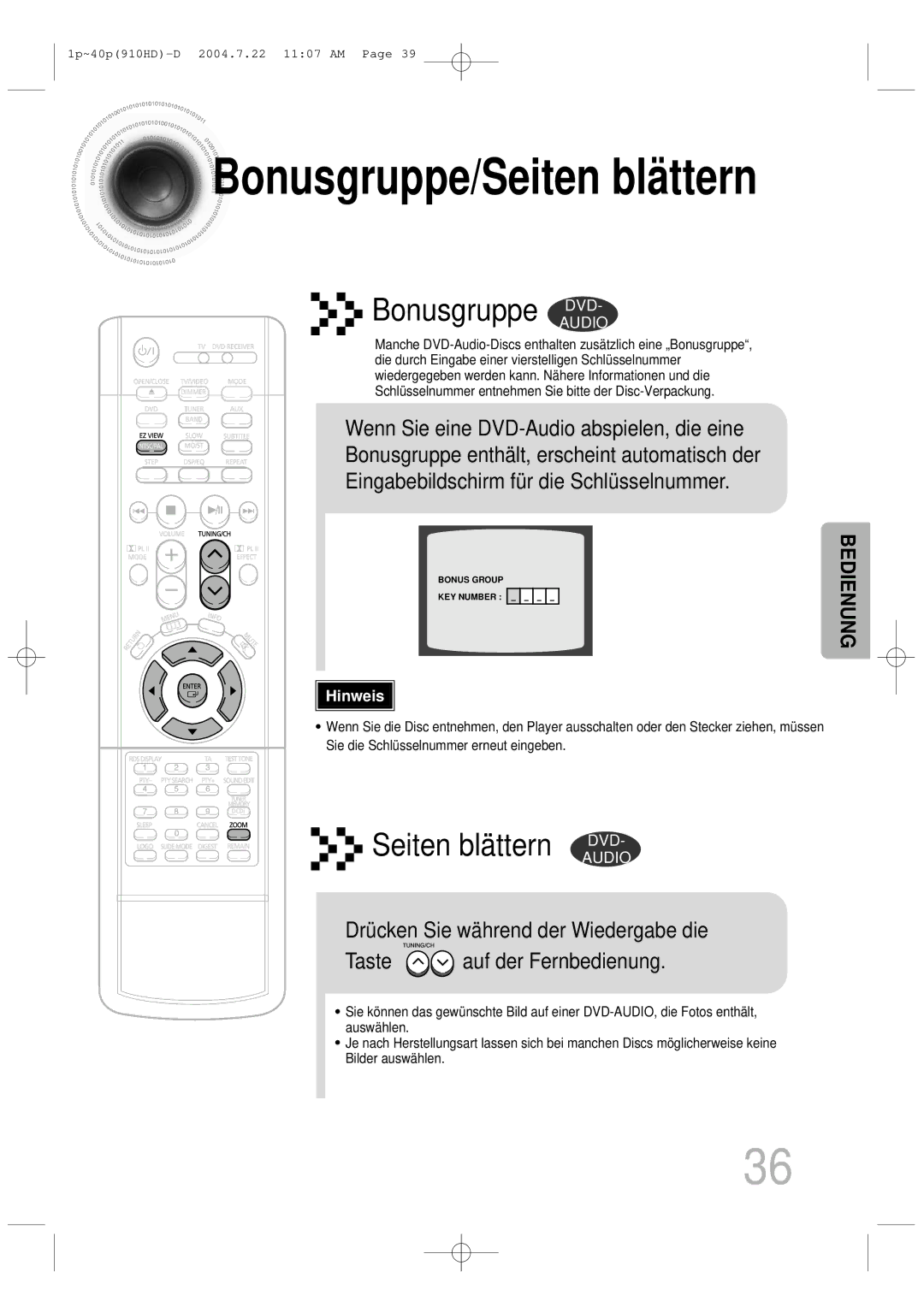 Samsung HT-910HDRH/EDC manual Bonusgruppe/Seiten blättern, Bonusgruppe DVD, Seiten blättern DVD 