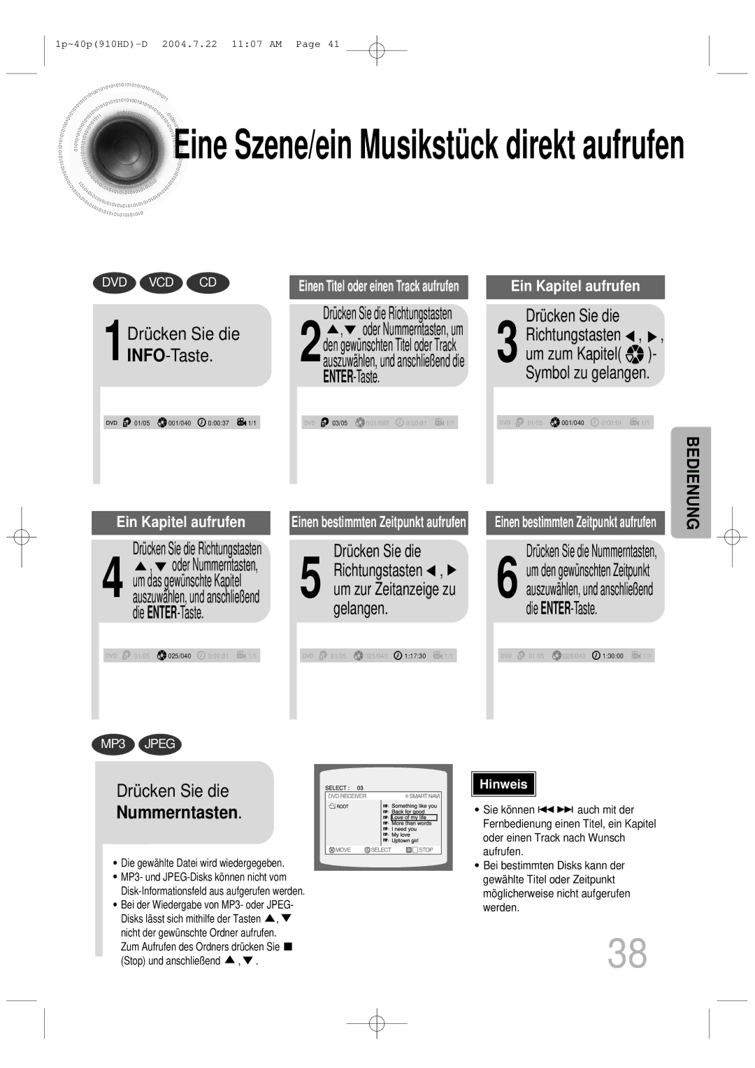 Samsung HT-910HDRH/EDC manual Nummerntasten, 1Drücken Sie die INFO-Taste, Drücken Sie die Richtungstasten 