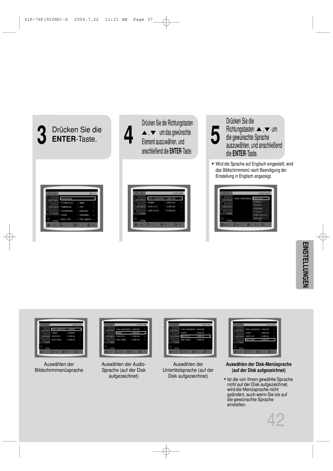 Samsung HT-910HDRH/EDC manual Drücken Sie die ENTER-Taste Drücken Sie die Richtungstasten 