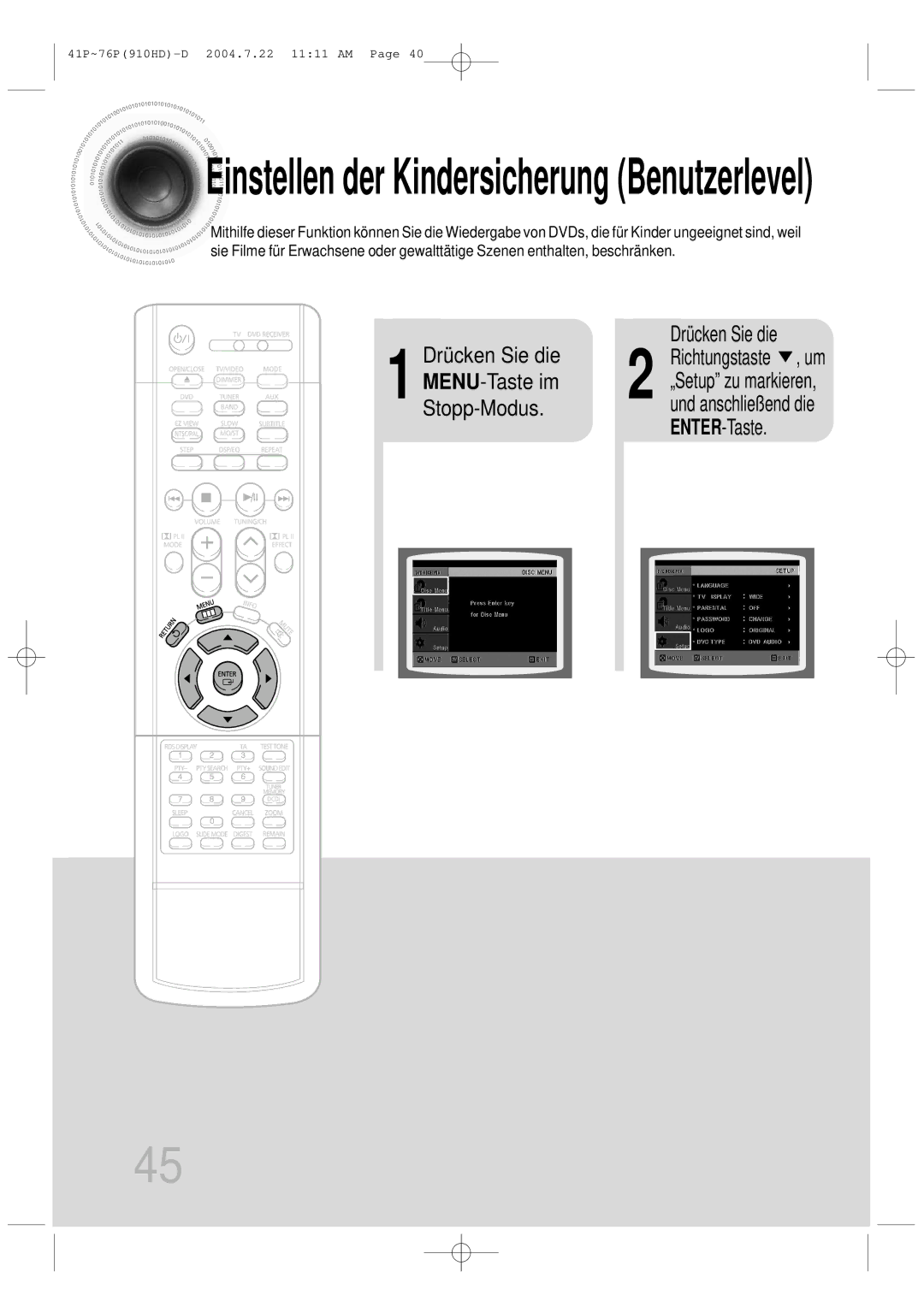 Samsung HT-910HDRH/EDC manual Einstellen der Kindersicherung Benutzerlevel 