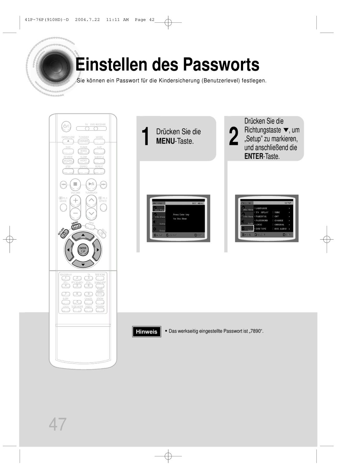 Samsung HT-910HDRH/EDC manual Einstellen des Passworts, „Setup zu markieren, und anschließ end die ENTER-Taste 