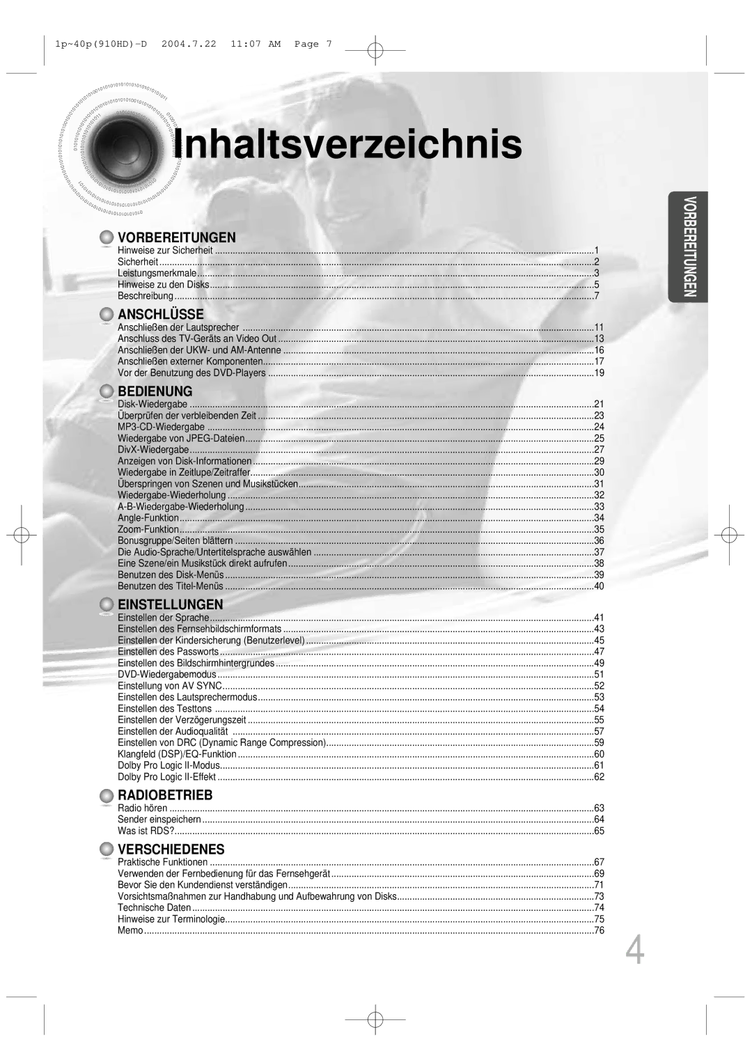 Samsung HT-910HDRH/EDC manual Inhaltsverzeichnis, Anschlüsse 