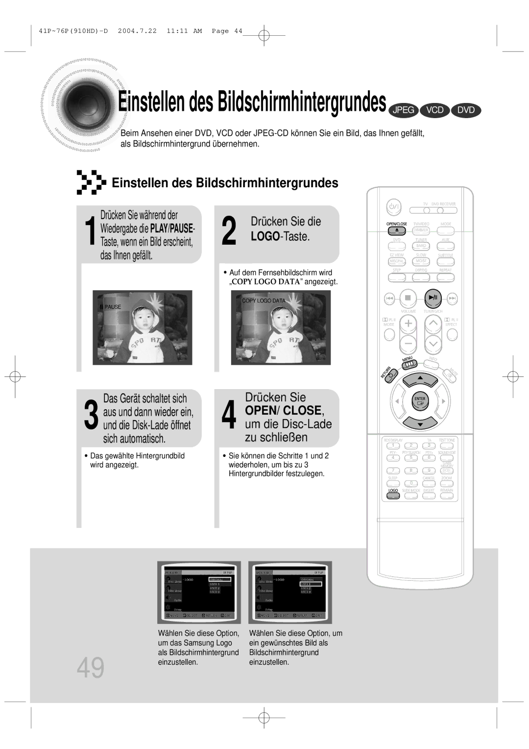 Samsung HT-910HDRH/EDC manual Drücken Sie, LOGO-Taste, Das Gerät schaltet sich 