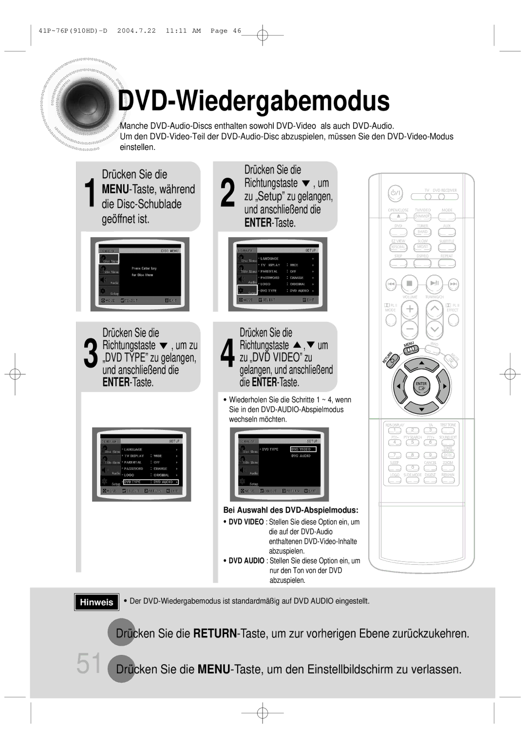 Samsung HT-910HDRH/EDC manual DVD-Wiedergabemodus, Bei Auswahl des DVD-Abspielmodus 