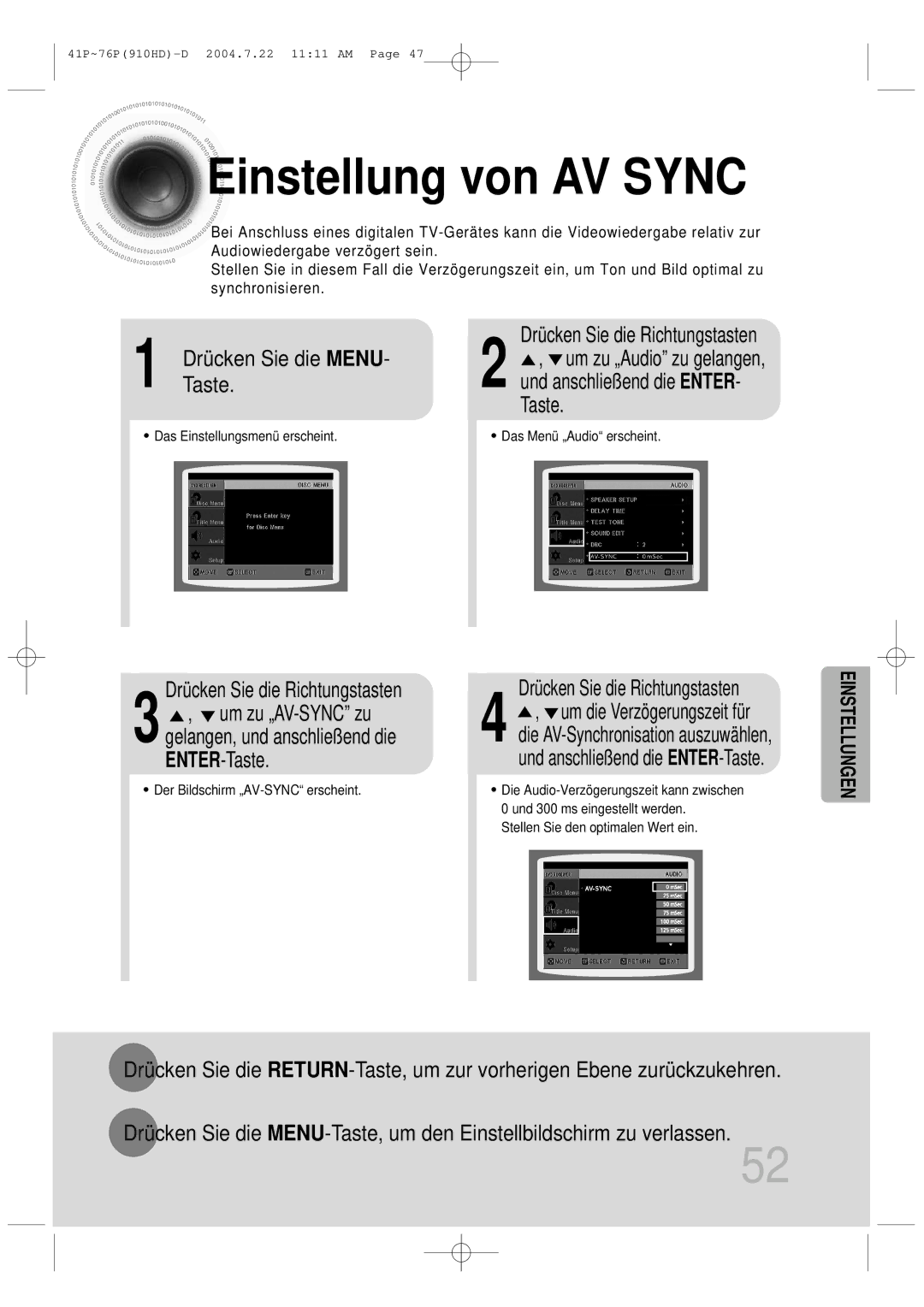 Samsung HT-910HDRH/EDC manual Einstellung von AV Sync, Das Einstellungsmenü erscheint, Das Menü „Audioerscheint 