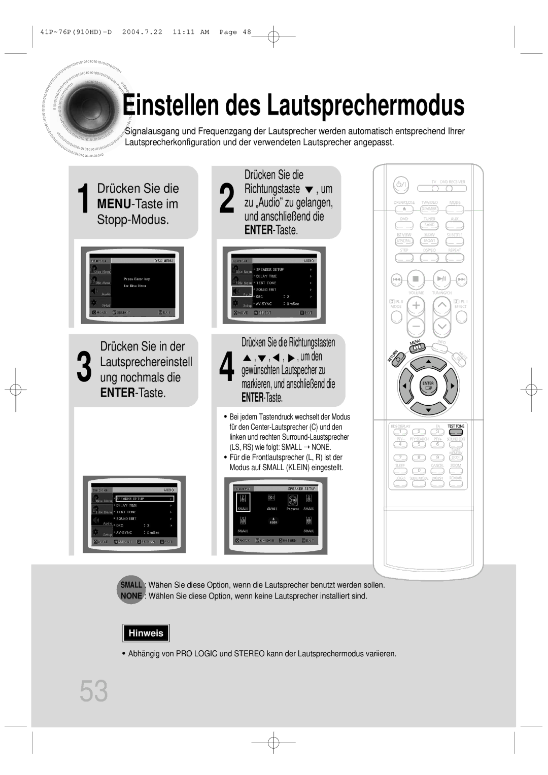 Samsung HT-910HDRH/EDC manual Drücken Sie in der, Drücken Sie die MENU-Taste im Stopp-Modus 