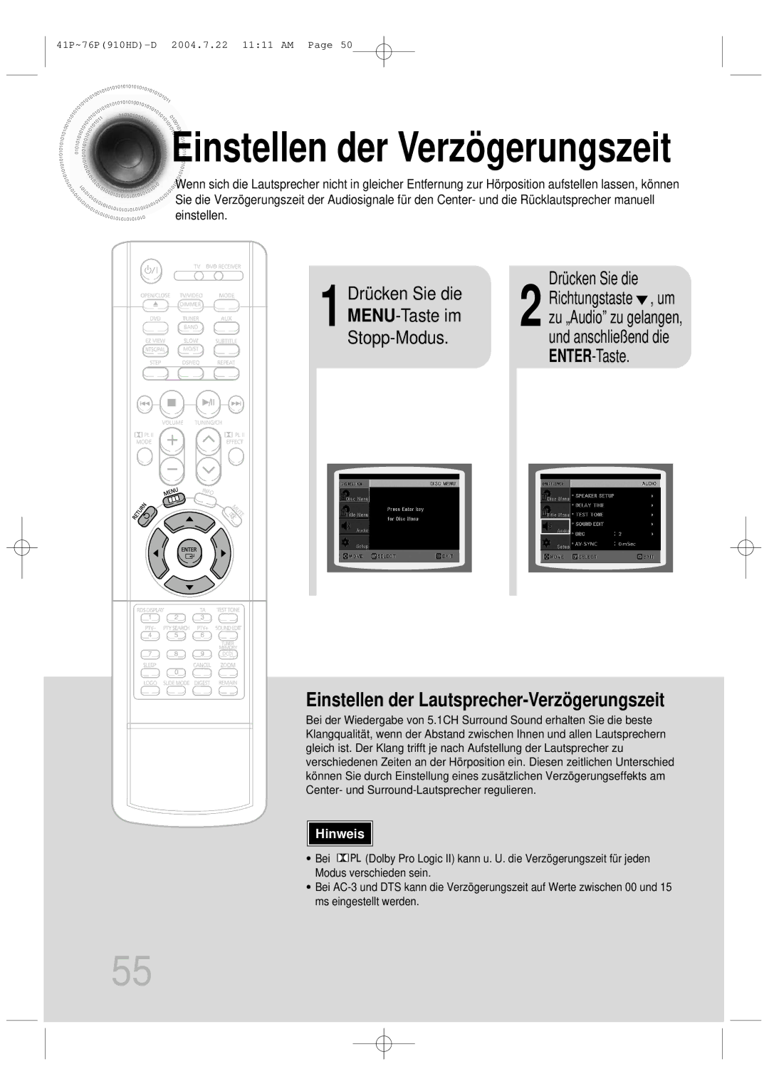 Samsung HT-910HDRH/EDC manual Einstellen der Verzögerungszeit 