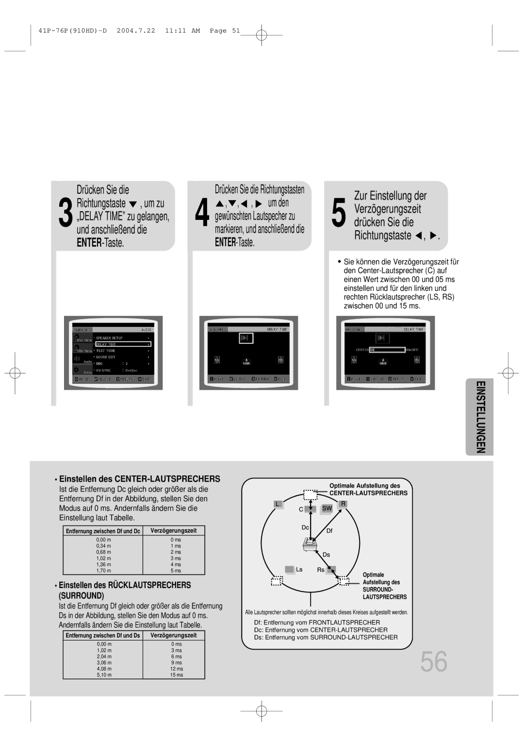 Samsung HT-910HDRH/EDC manual Zur Einstellung der, Einstellen des CENTER-LAUTSPRECHERS 