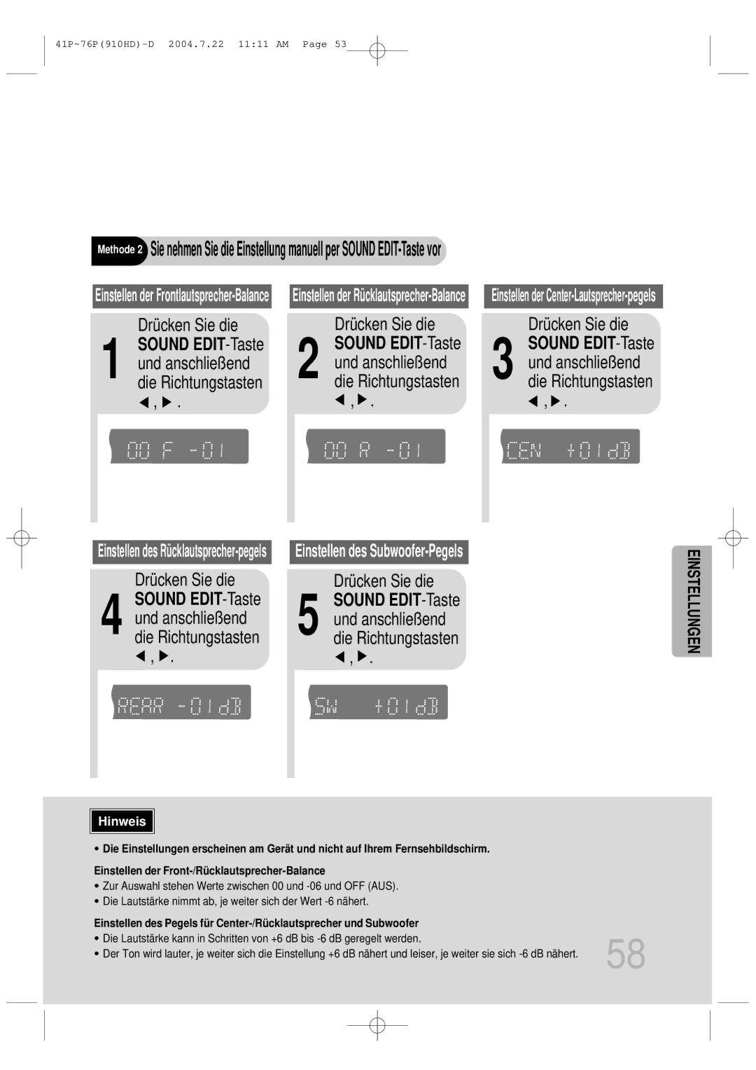 Samsung HT-910HDRH/EDC manual Sound EDIT-Taste und anschließ end die Richtungstasten 