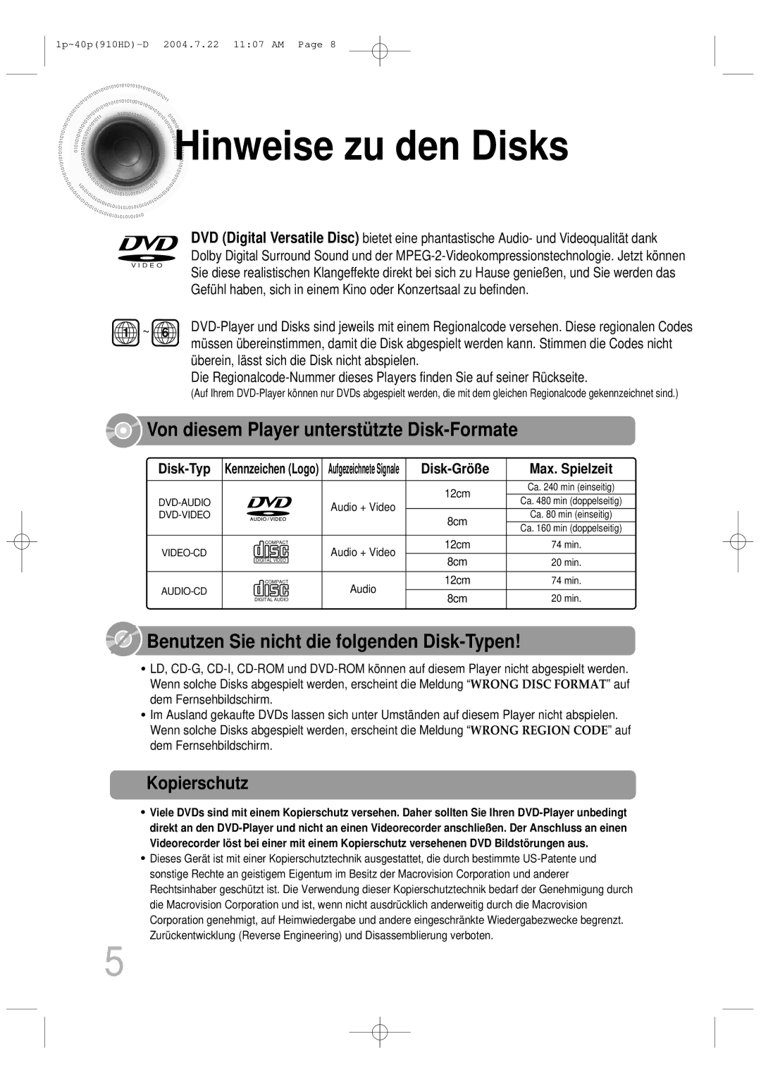 Samsung HT-910HDRH/EDC manual Hinweise zu den Disks, Kopierschutz 