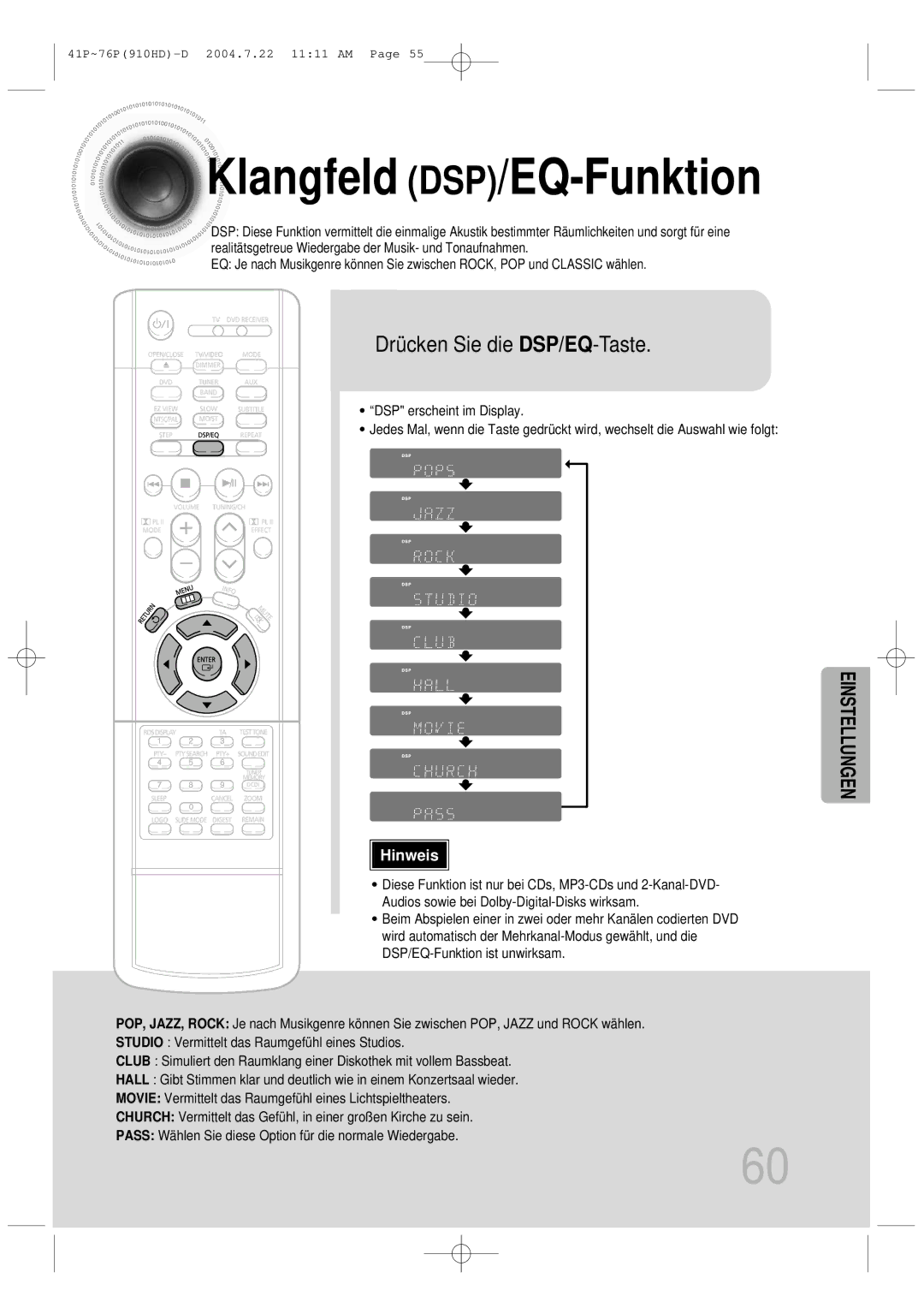 Samsung HT-910HDRH/EDC manual Klangfeld DSP/EQ-Funktion, Drücken Sie die DSP/EQ-Taste 