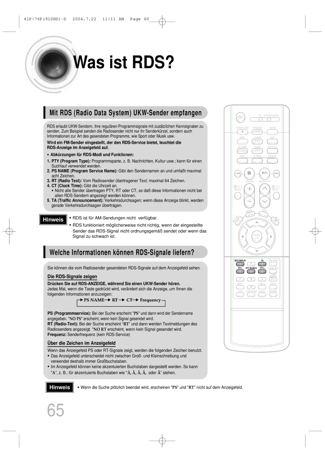 Samsung HT-910HDRH/EDC manual Was ist RDS?, Mit RDS Radio Data System UKW-Sender empfangen 