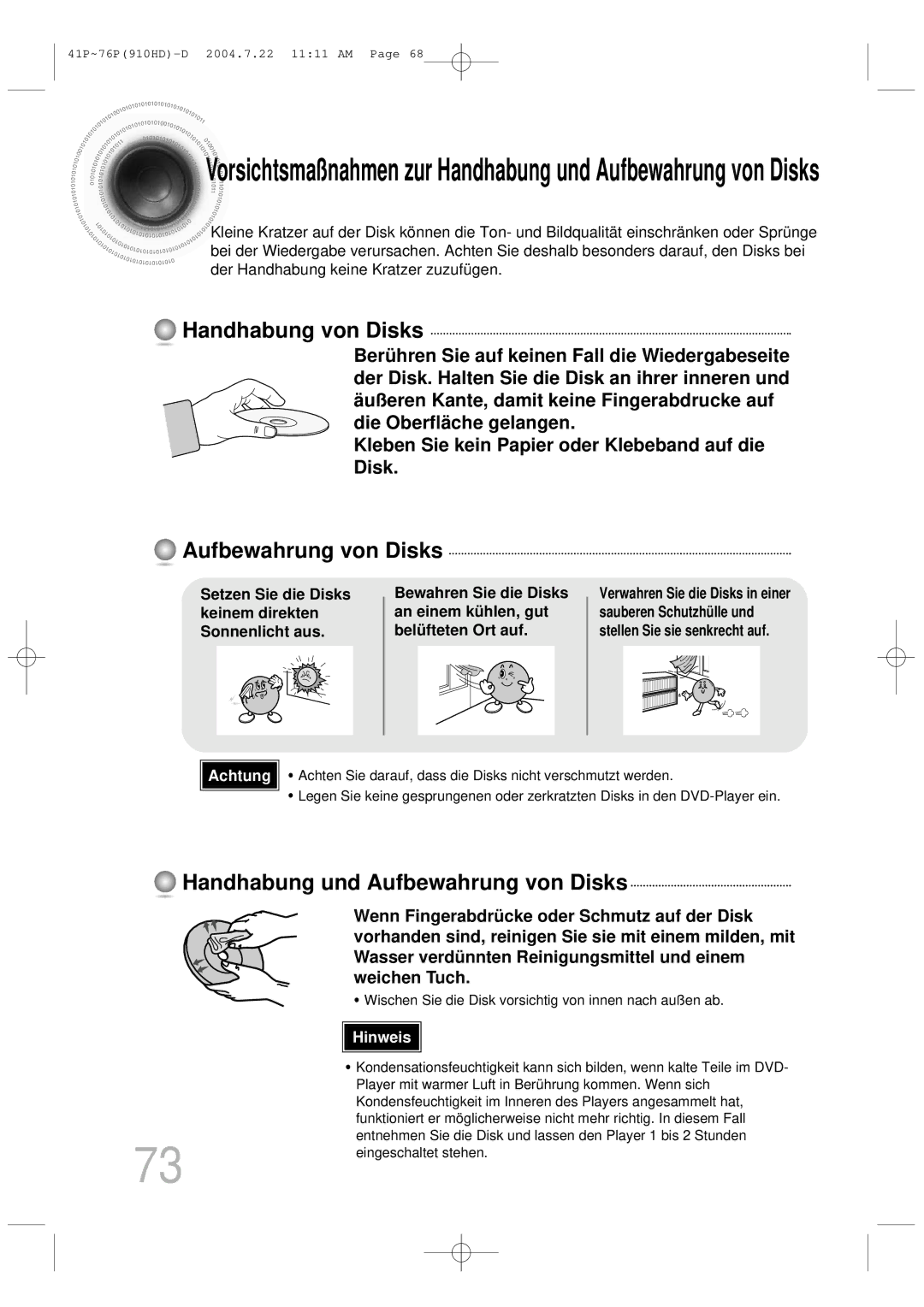 Samsung HT-910HDRH/EDC manual Handhabung von Disks, Handhabung und Aufbewahrung von Disks 