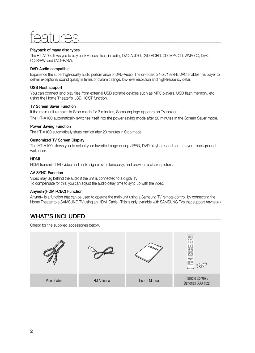 Samsung HT-A100 user manual Features, What’s included, Hdmi 