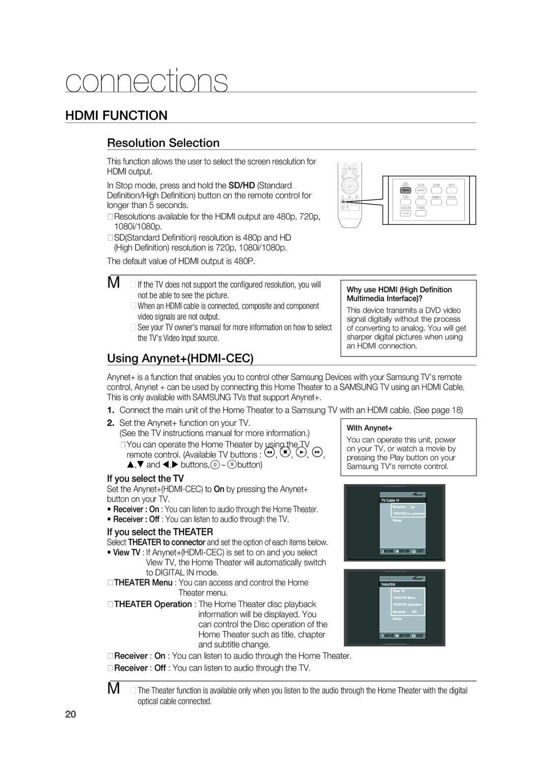 Samsung HT-A100 user manual Resolution Selection, Using Anynet+HDMI-CEC, If you select the TV, If you select the THEATEr 