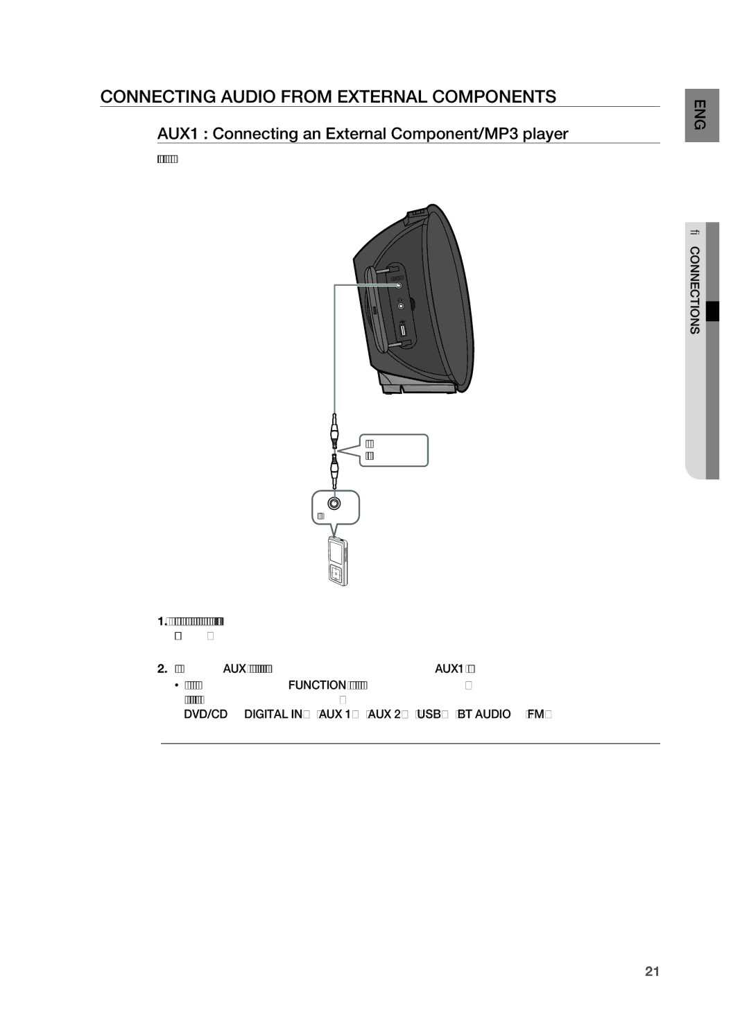 Samsung HT-A100 user manual Connecting Audio from External Components, AUX1 Connecting an External Component/MP3 player 