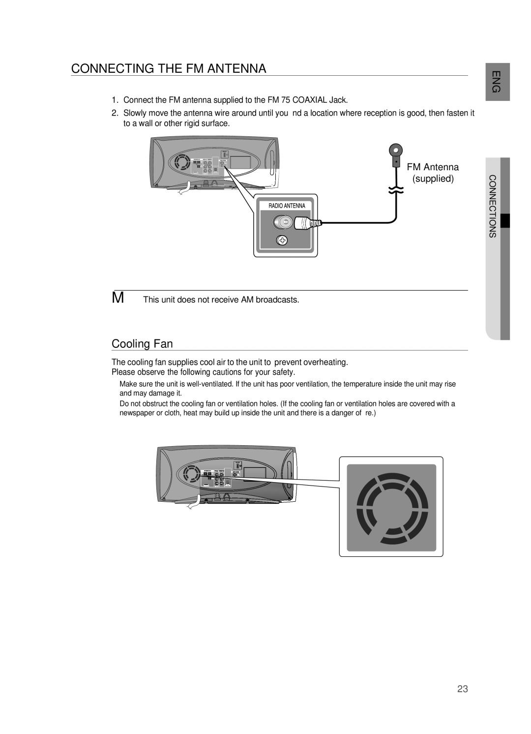 Samsung HT-A100 Connecting the FM Antenna, Cooling Fan, FM Antenna supplied, ` This unit does not receive AM broadcasts 