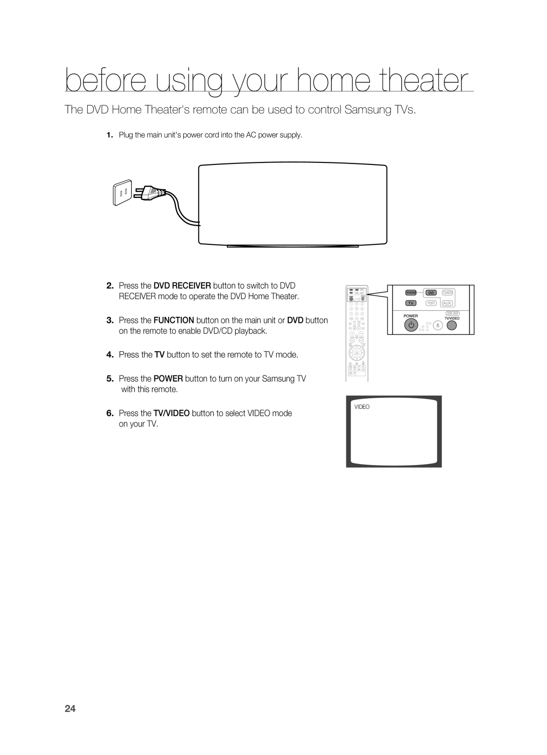 Samsung HT-A100 user manual Before using your home theater, DVD Home Theaters remote can be used to control Samsung TVs 