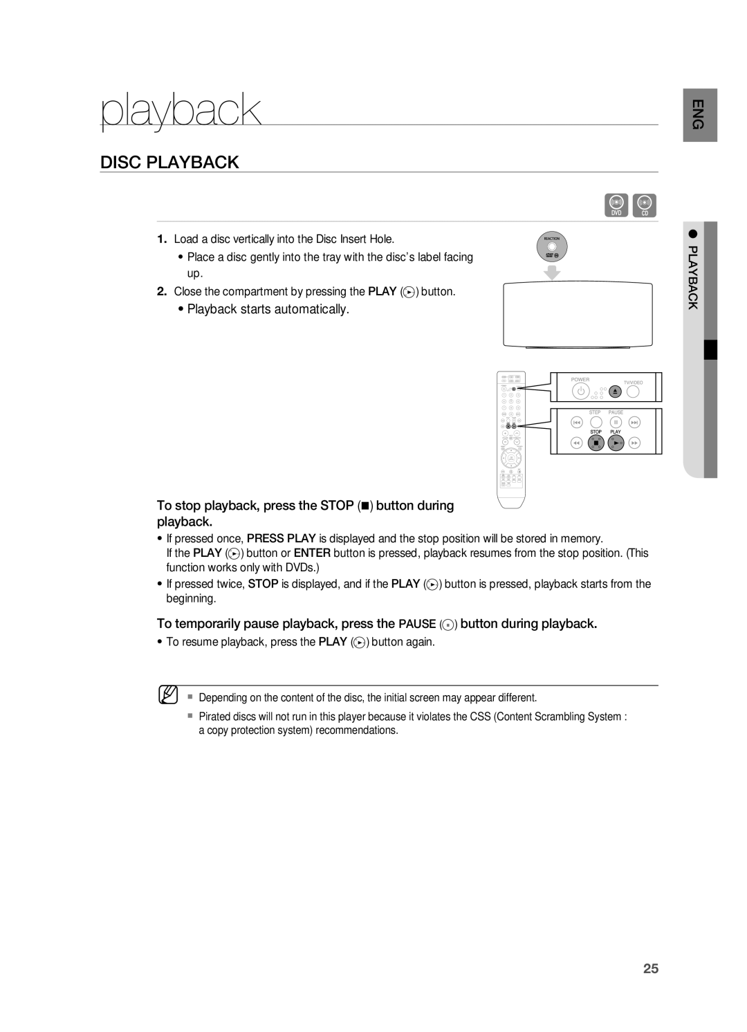 Samsung HT-A100 user manual Playback, Disc PlAYBACK, ~ To resume playback, press the PlAY button again 