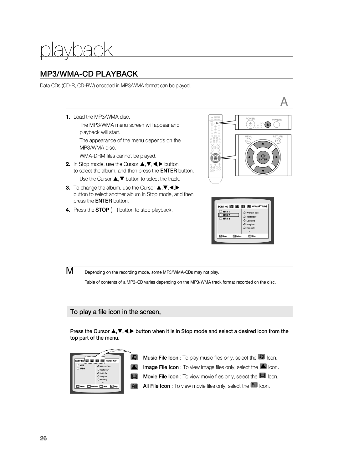 Samsung HT-A100 user manual MP3/WMA-CD PlAYBACK, To play a file icon in the screen 