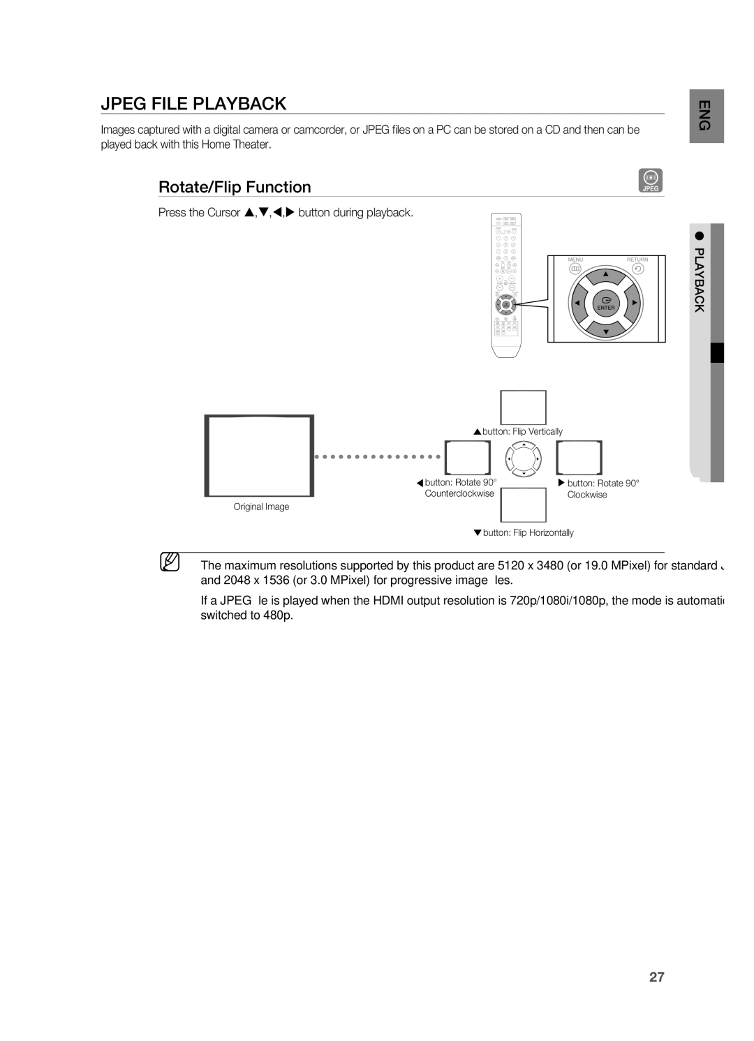 Samsung HT-A100 user manual JPEg FIlE PlAYBACK, Rotate/Flip Function, Press the Cursor ,,, button during playback 