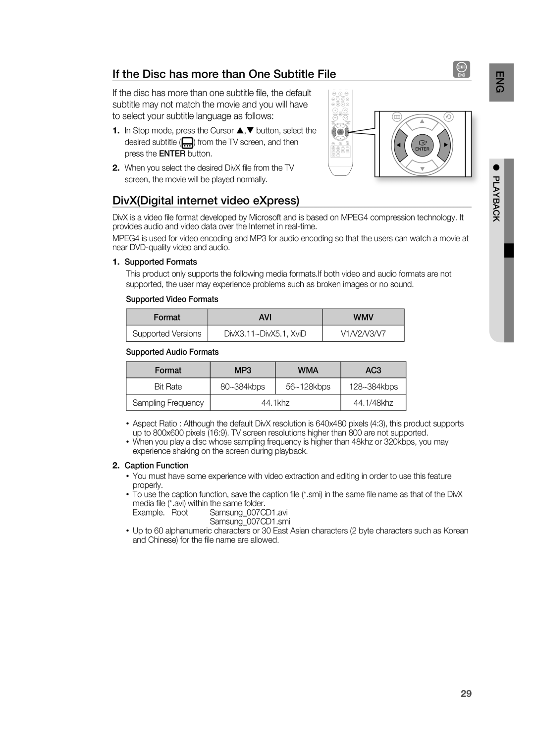 Samsung HT-A100 If the Disc has more than One Subtitle File, DivXDigital internet video eXpress, Avi Wmv, MP3 WMA 