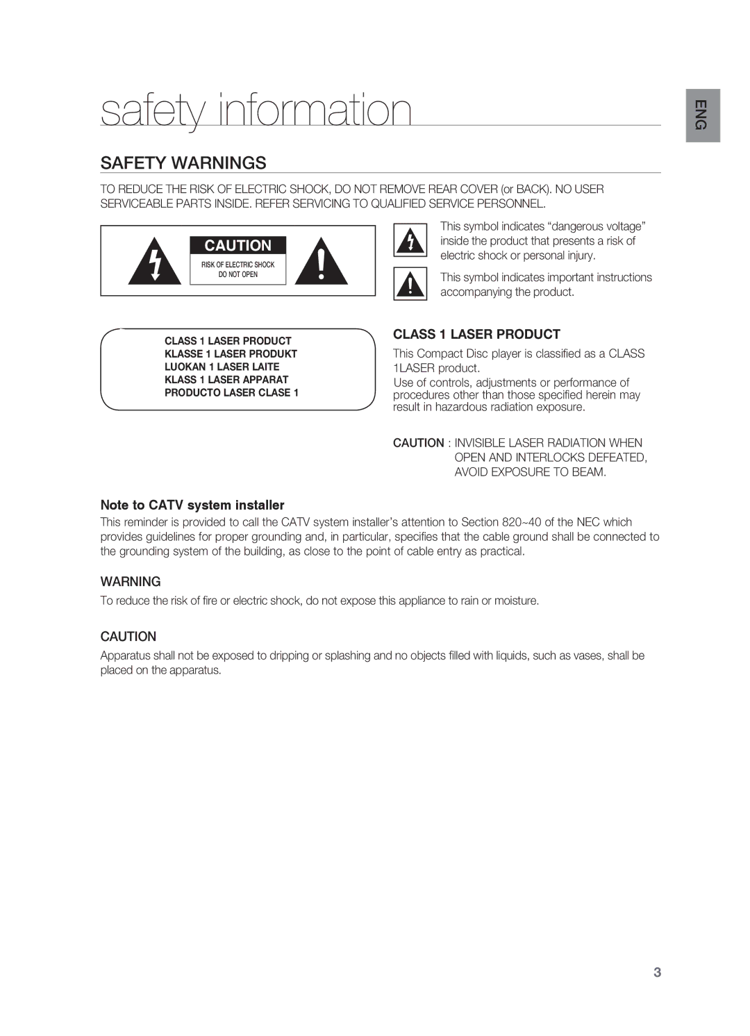 Samsung HT-A100 user manual Safety information, Safety Warnings 