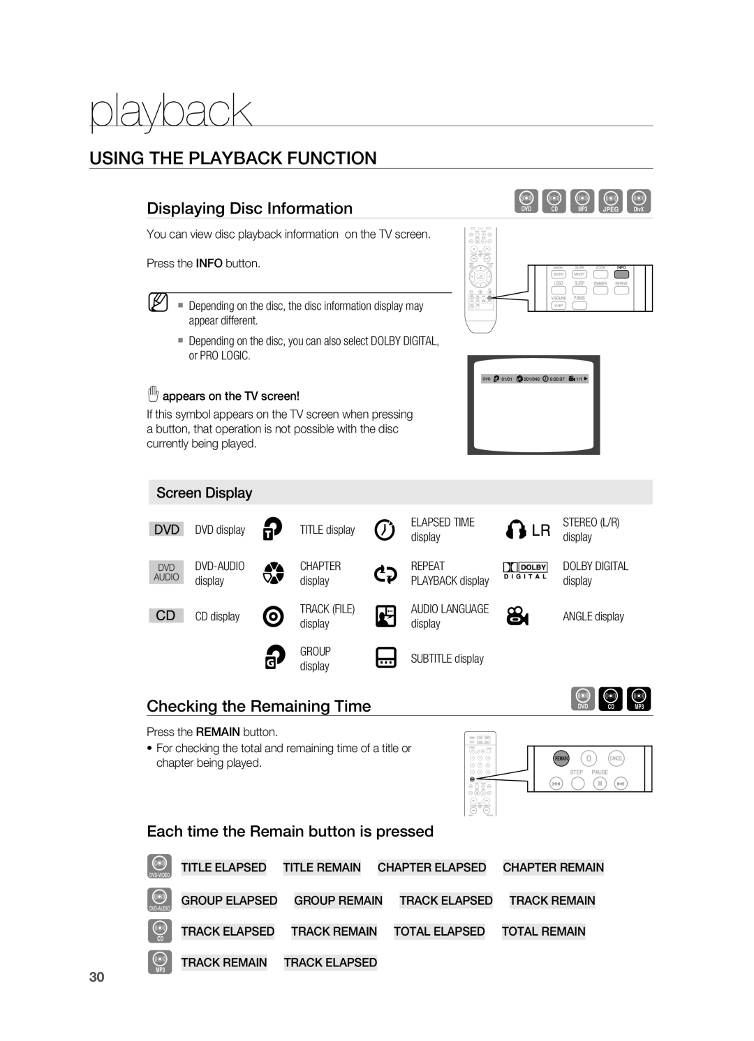 Samsung HT-A100 user manual USINg the PlAYBACK Function, Displaying Disc Information, Checking the remaining Time 