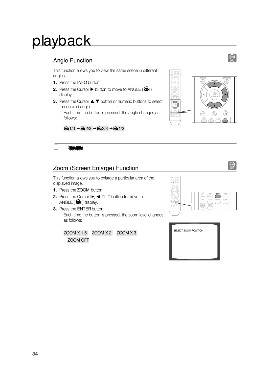 Samsung HT-A100 user manual Angle Function, Zoom Screen Enlarge Function, Zoom X 1.5 ZOOM X 2 ZOOM X 3 ZOOM OFF 